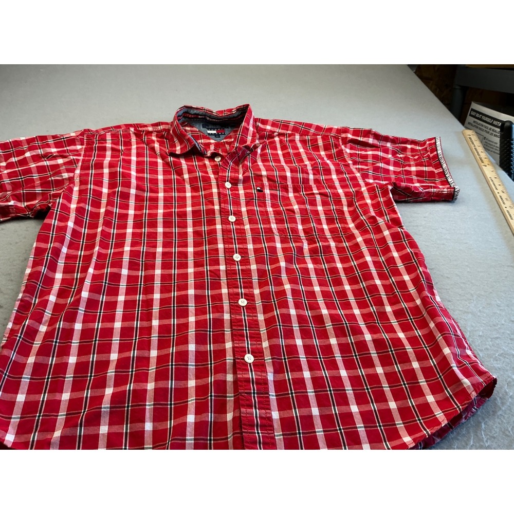 Tommy Jeans Vintage Plaid Button Down‎ Shirt Red White Check XL 90s Streetwear